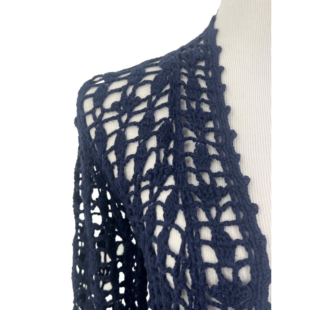 Vtg Y2K Anthropologie Navy Blue Crochet Open Cardigan | Coastal Grandma Indie M - Picture 3 of 15